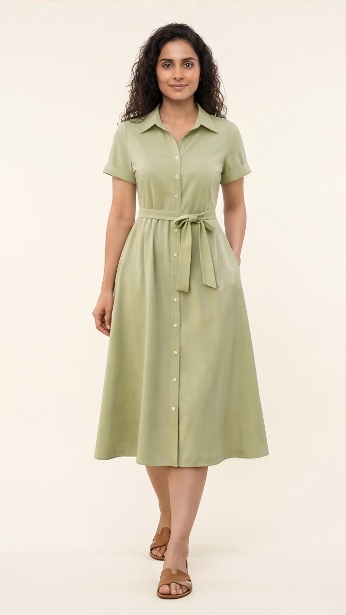 Woman wearing a light green dress with a belt