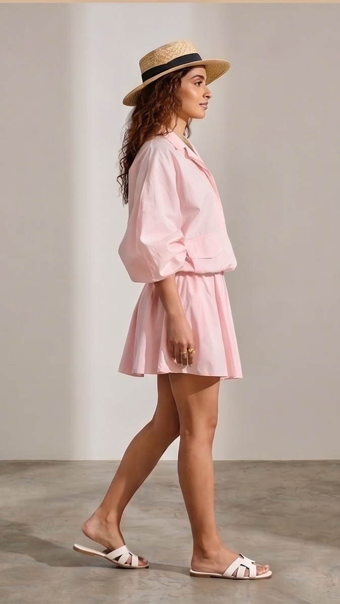 Woman in a pink outfit and straw hat standing against a plain background