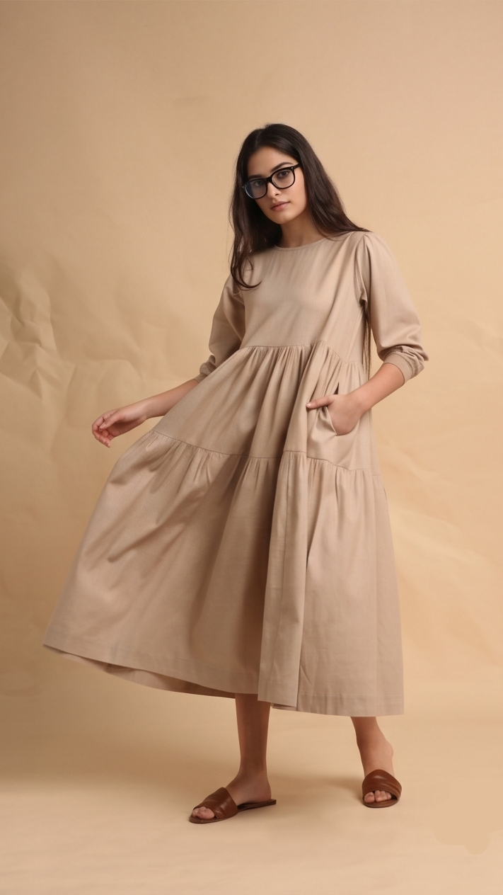 Woman wearing a beige dress against a beige background