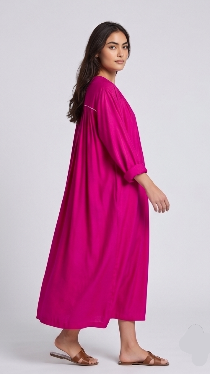 Woman wearing a hot-pink dress on a white background