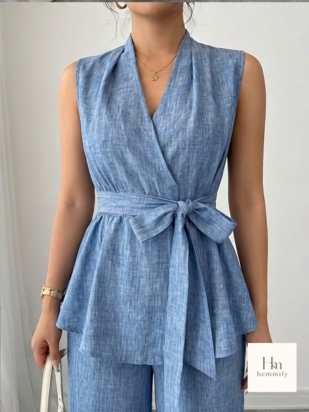 Azure Breeze Textured Peplum and Wide-Leg Co-ord Set