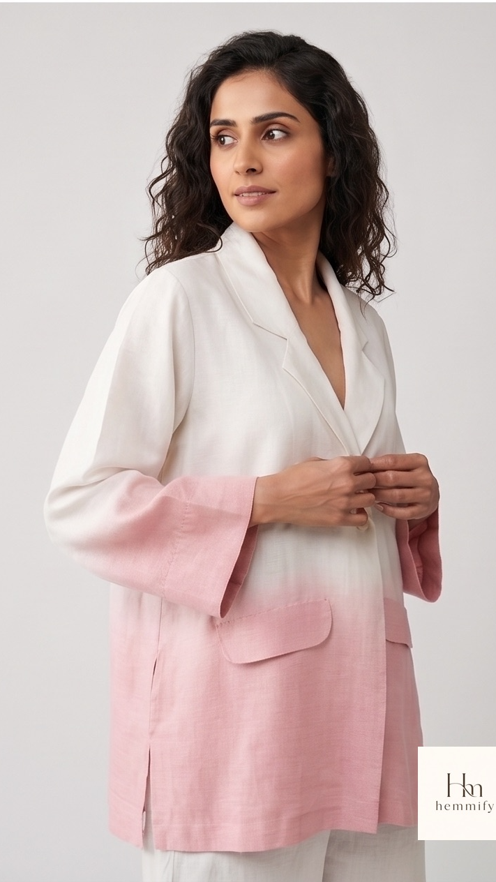 Woman wearing a white and baby-pink blazer on a plain background