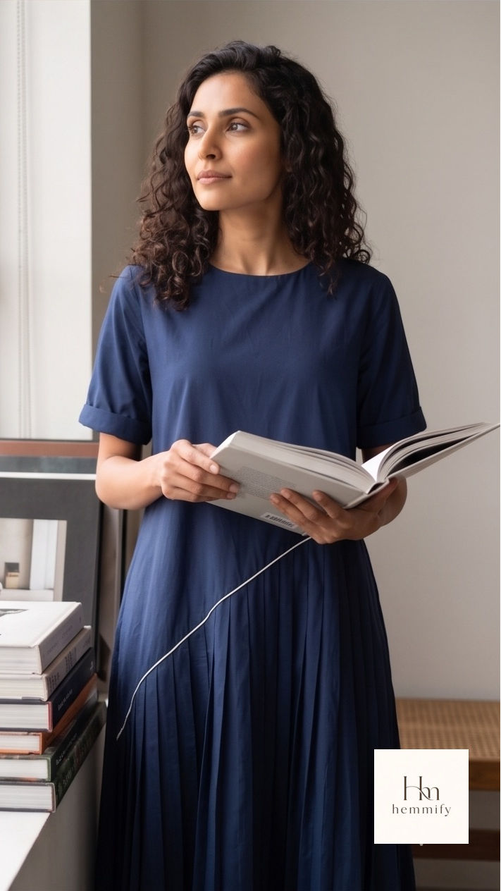 Navy Blue Asymmetrical Pleated Midi Dress