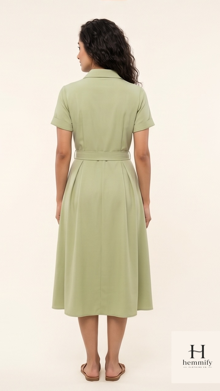 Woman wearing a light green dress with 'Hemmify' branding.