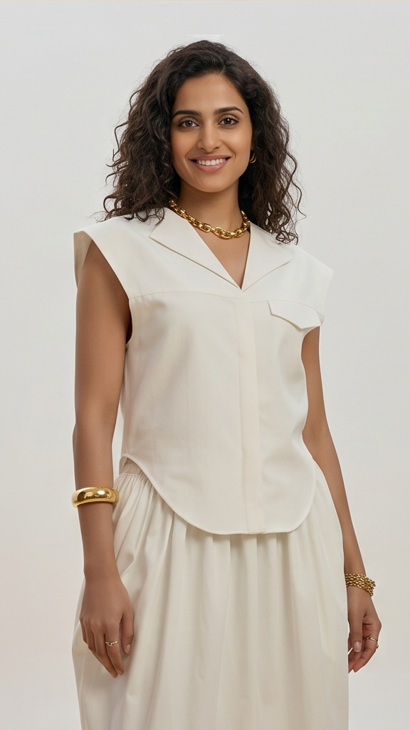 Ivory Elegance: Collared Sleeveless Maxi Set