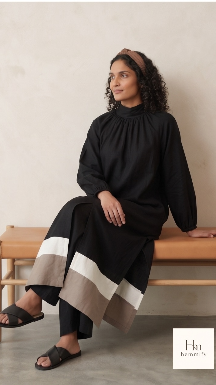Black Color-Blocked Gathered Neck Co-ord Set