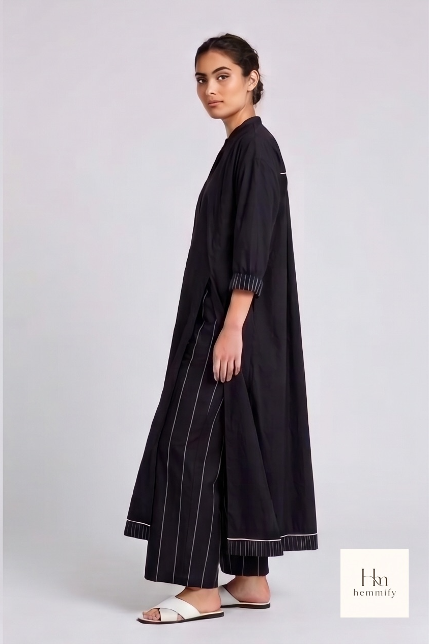 Contemporary Black Panel-Slit Tunic & Pinstripe Trouser Co-ord Set