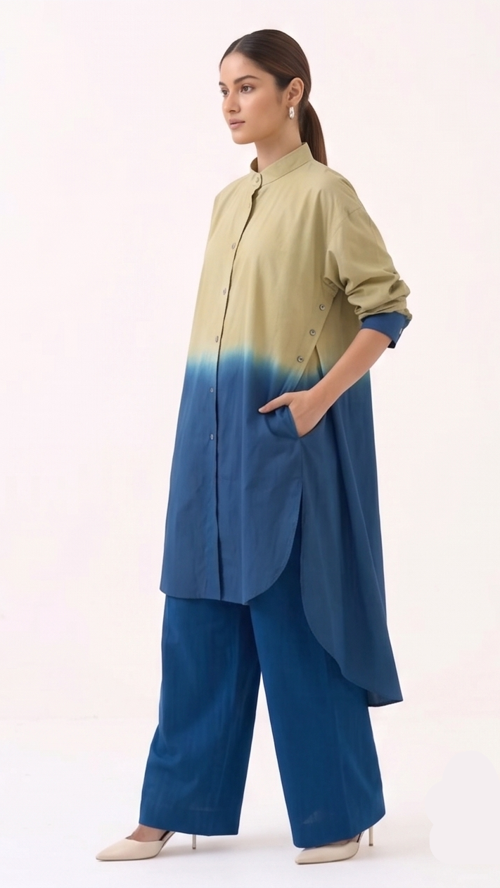 Ombré Dip-Dye High-Low Tunic & Wide-Leg Pants Co-ord Set