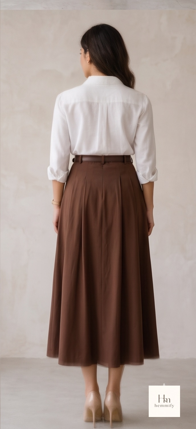 The Timeless Elegance Ensemble: Crisp White Blouse & Mocha Pleated Skirt