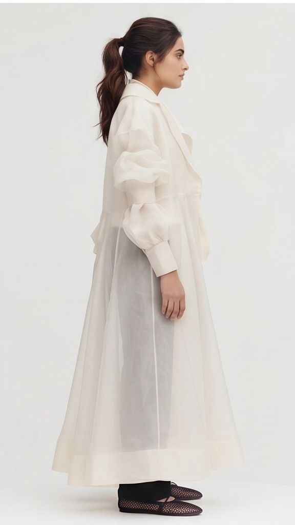 Woman wearing a long, light-colored dress against a white background