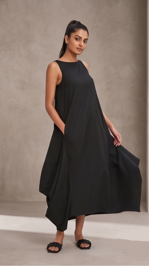 Woman wearing a black sleeveless dress against a neutral background