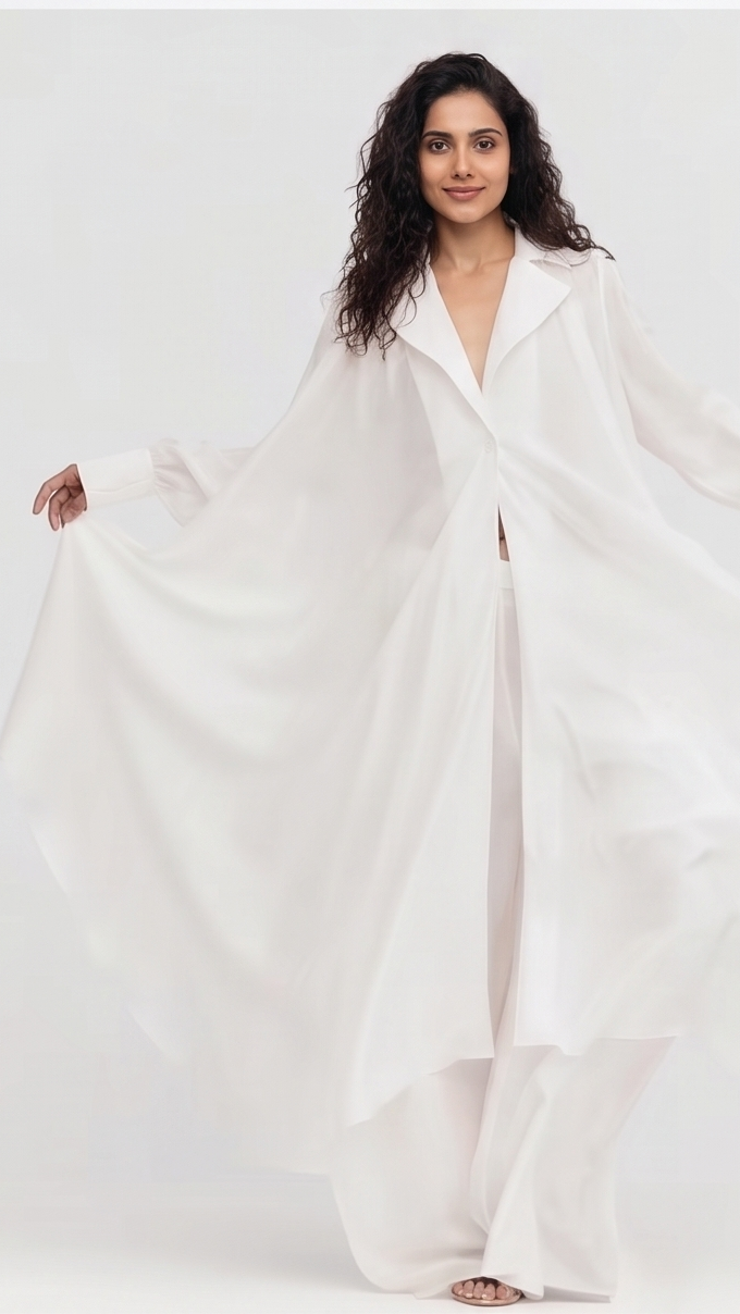 Woman wearing a long white garment against a white background