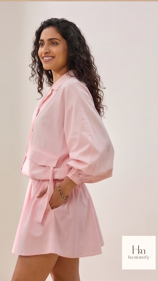 Woman wearing a pink outfit with a neutral background
