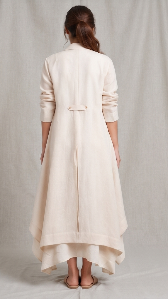 Woman wearing a long, cream colored dress against a plain background