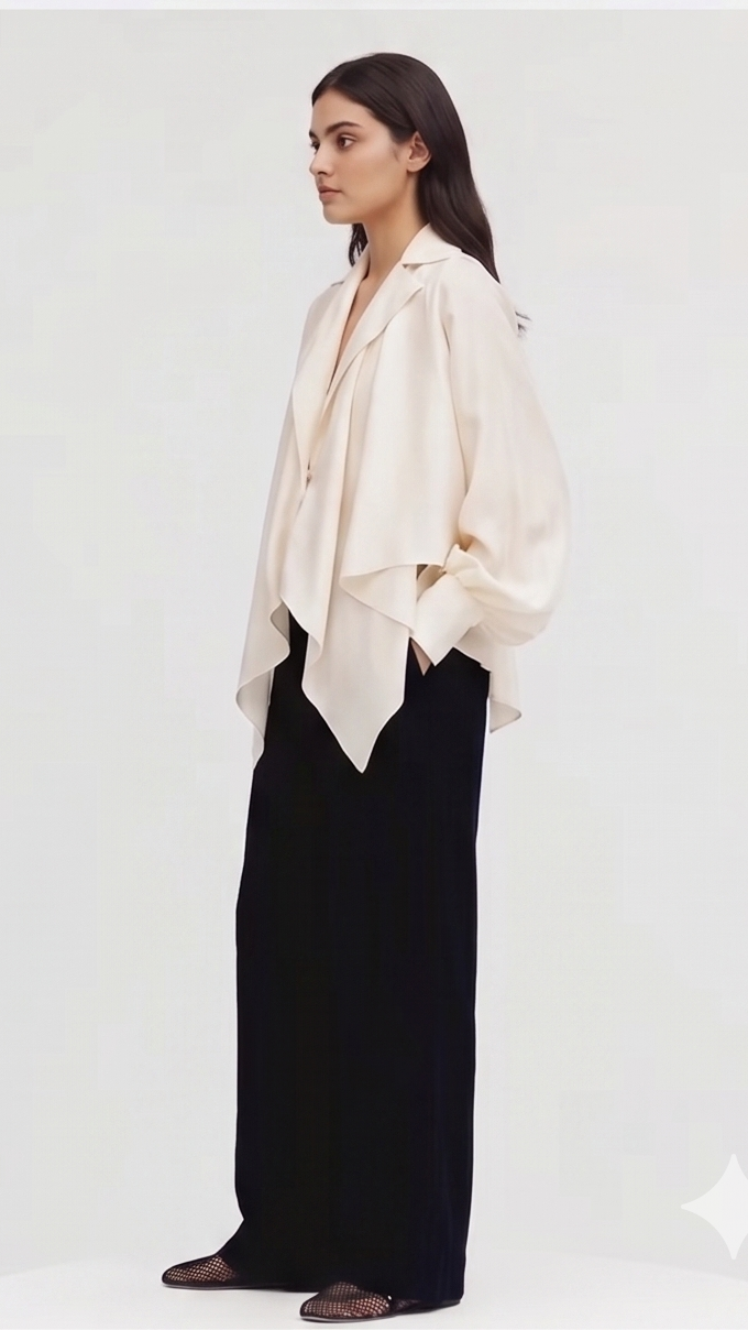 Woman wearing a beige blouse and black pants on a white background