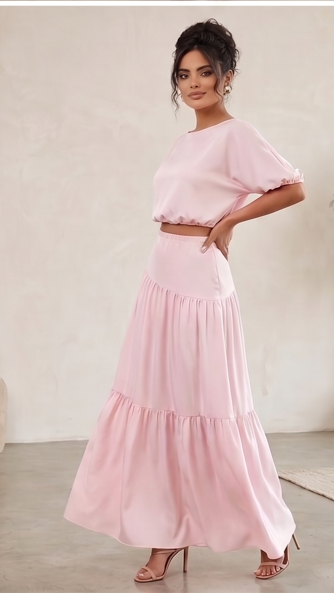 Woman wearing a pink outfit standing in a minimalistic room with a plant.