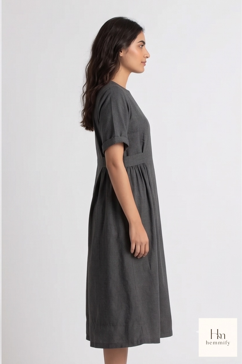 Lead Grey Melange Side-Gather Midi Dress