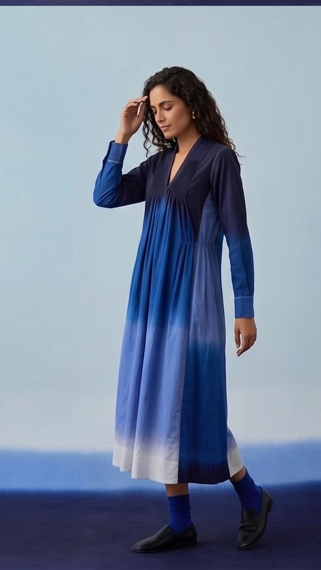 Indigo Ombré Pleated Midi Dress