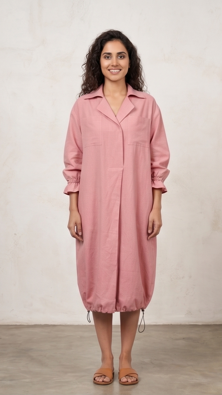 Woman wearing a pink dress against a plain background