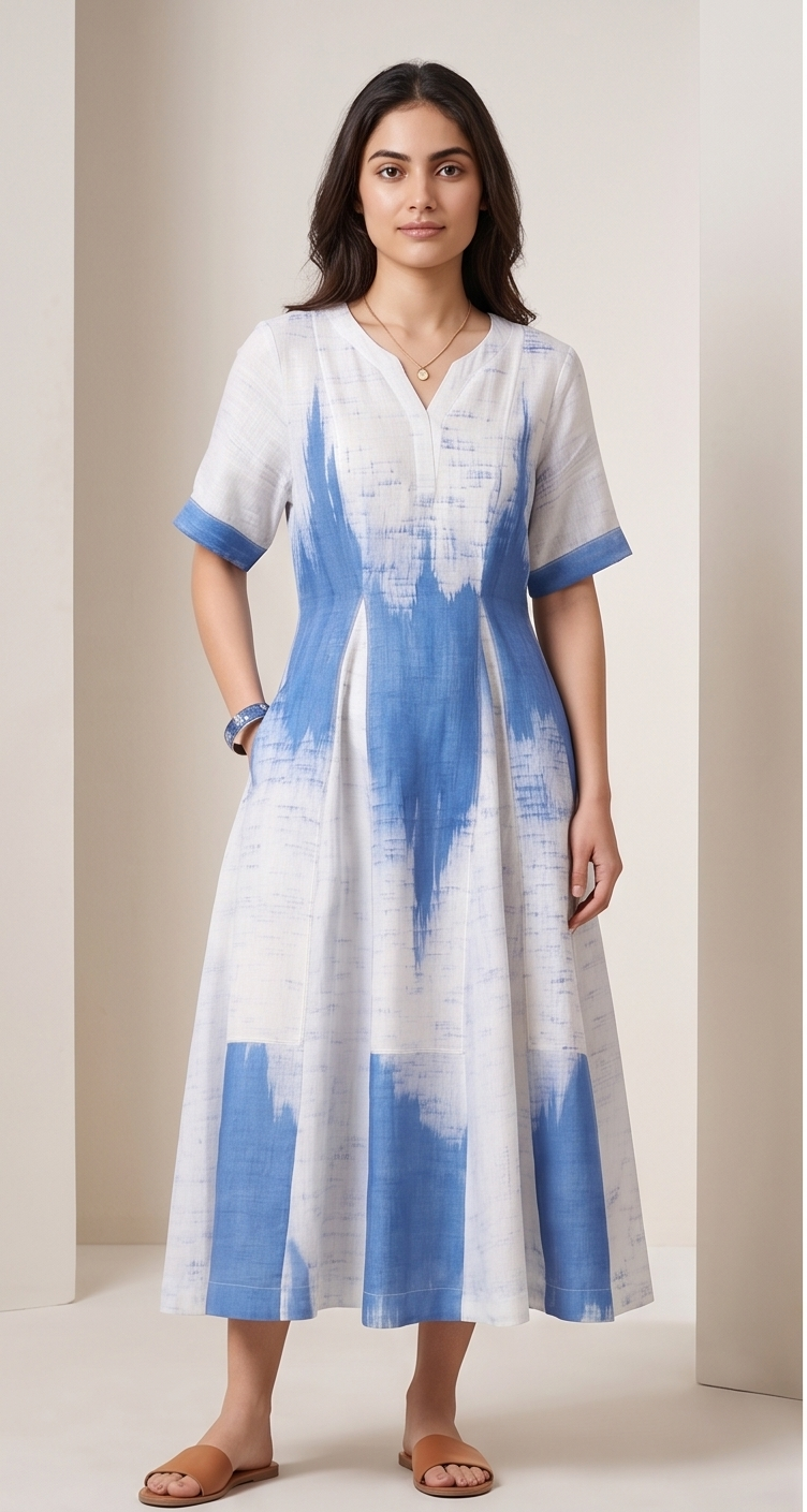Indigo Splash Abstract Ikat Midi Dress