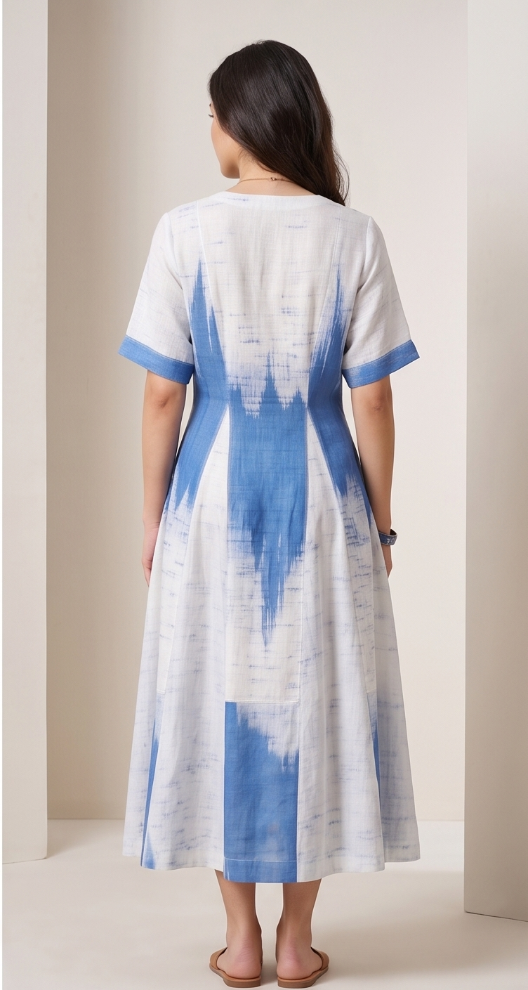 Indigo Splash Abstract Ikat Midi Dress