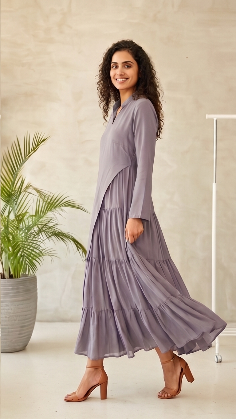 The Double-Layered Linen-Cotton Tiered Wrap Gown