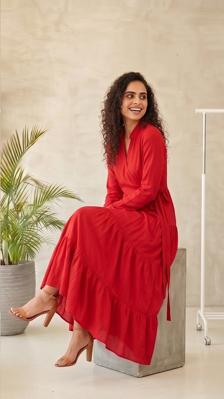 Woman in a red dress sitting on a concrete block indoors.