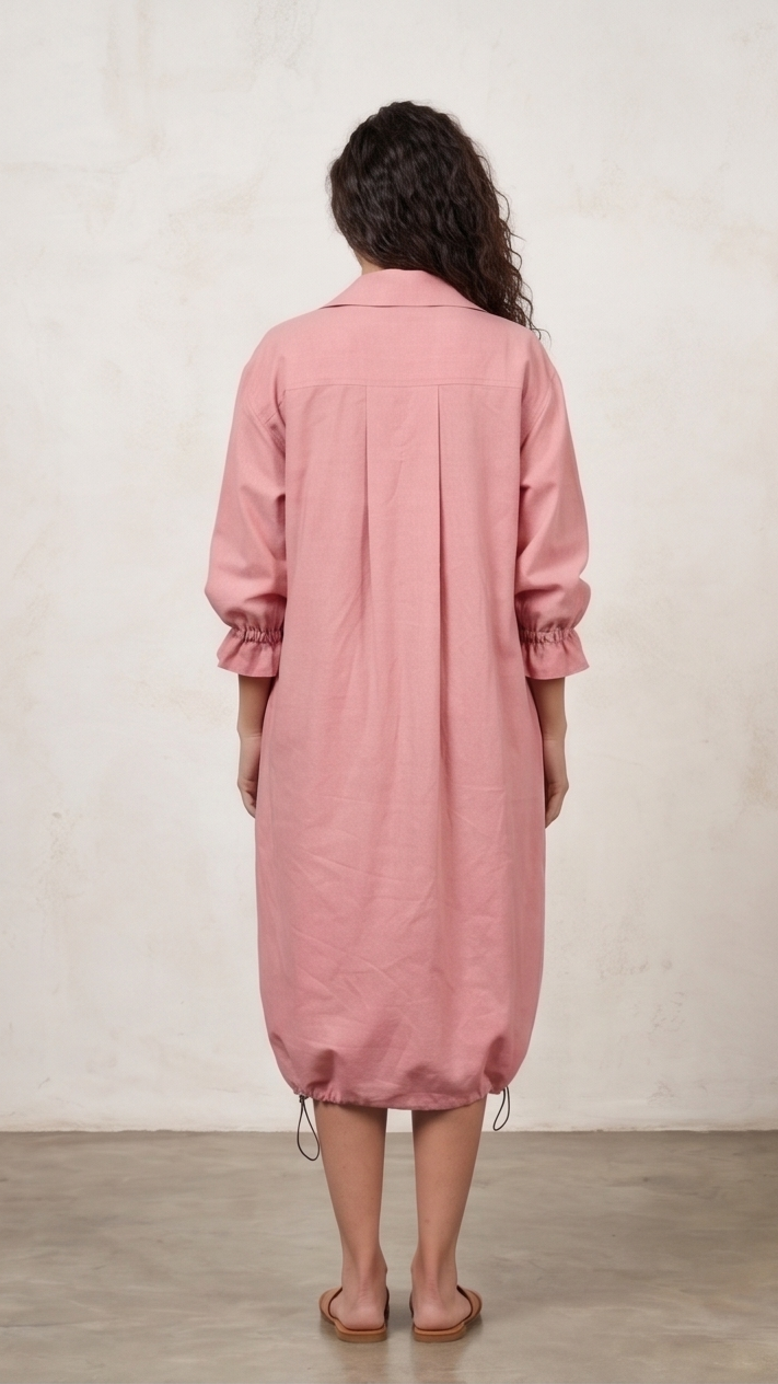 Person wearing a pink dress standing against a plain background