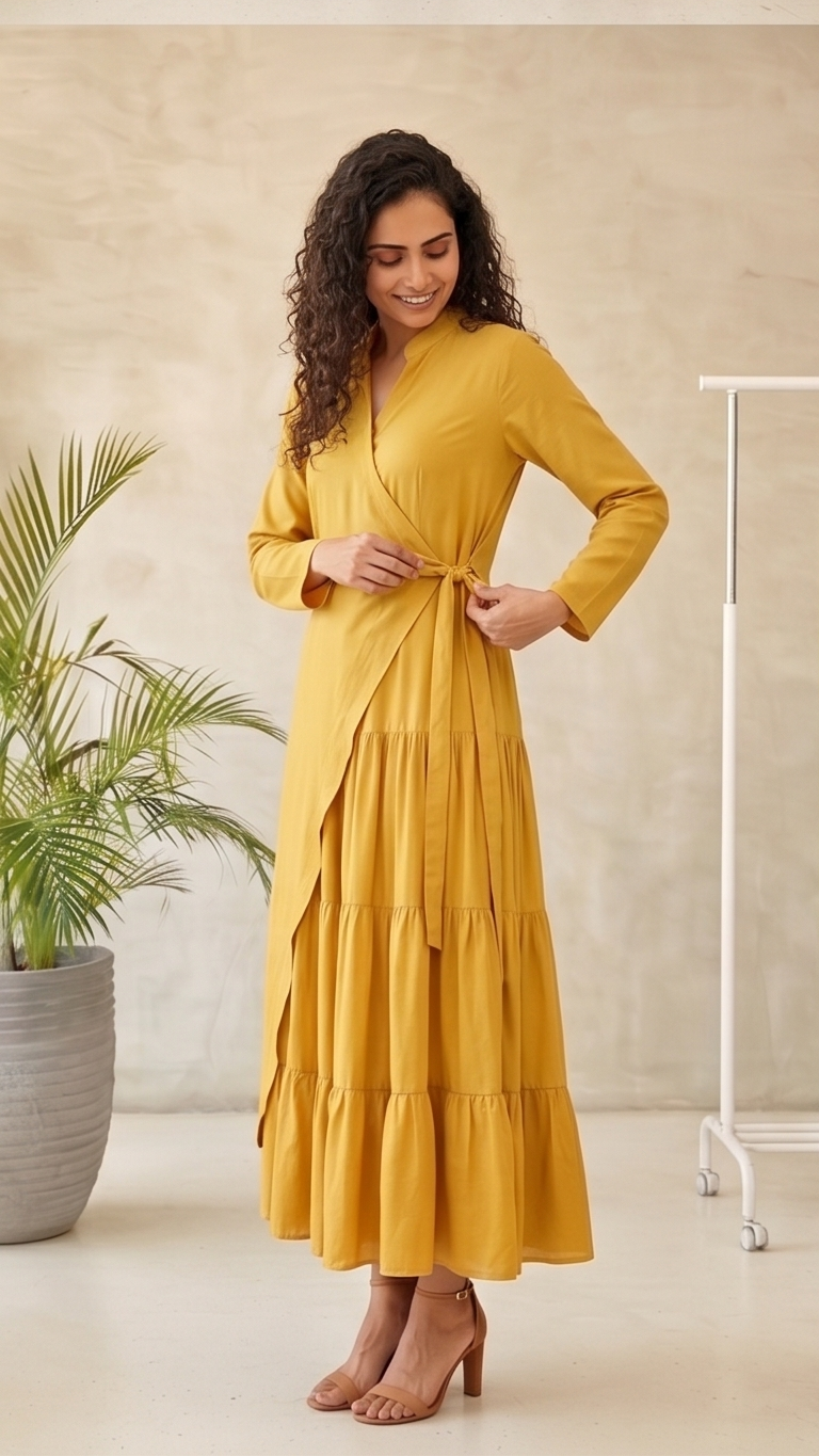 Woman wearing a yellow dress standing in a room with a plant.