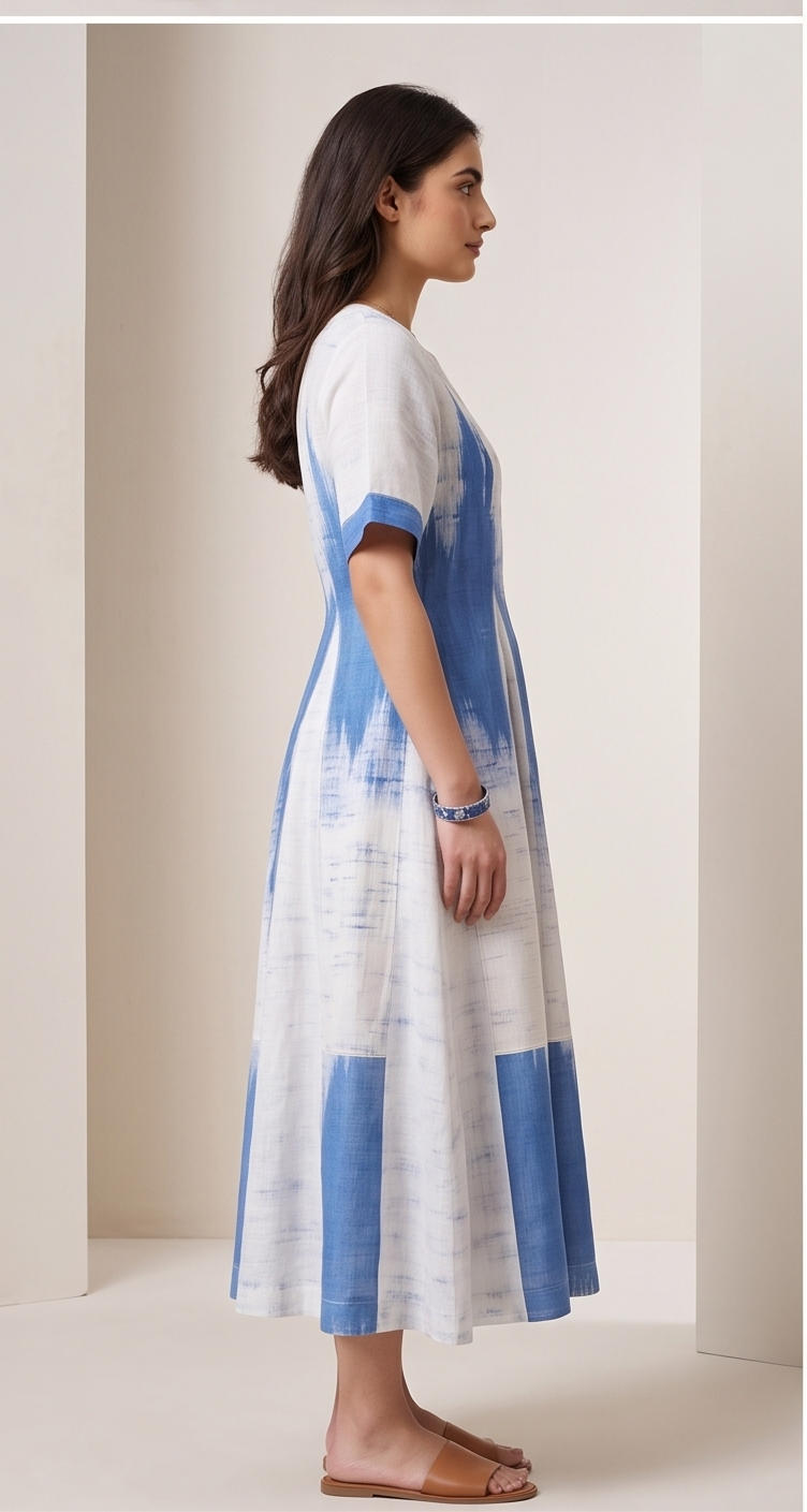 Indigo Splash Abstract Ikat Midi Dress