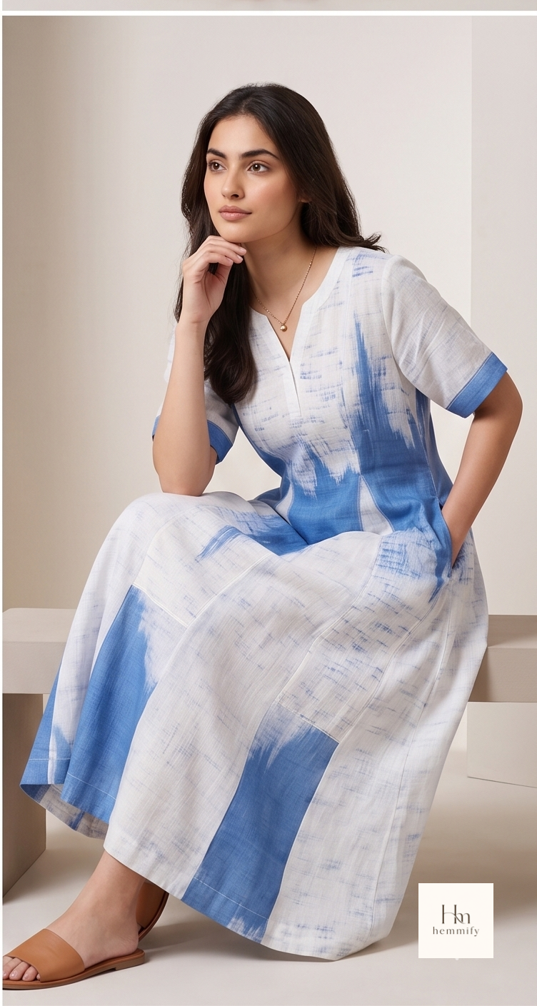 Indigo Splash Abstract Ikat Midi Dress