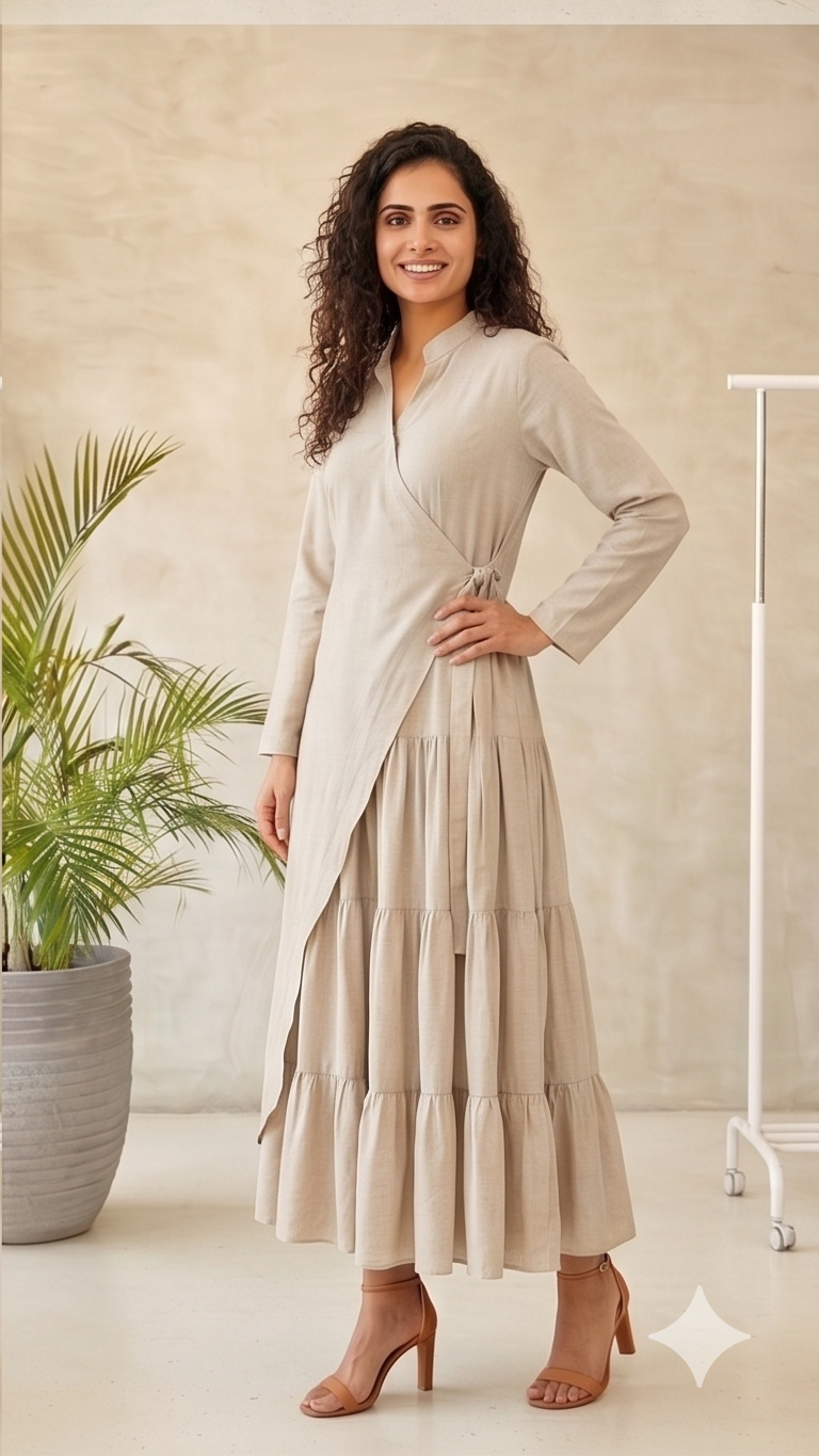 Woman wearing a white dress with a beige skirt in a minimalistic room.